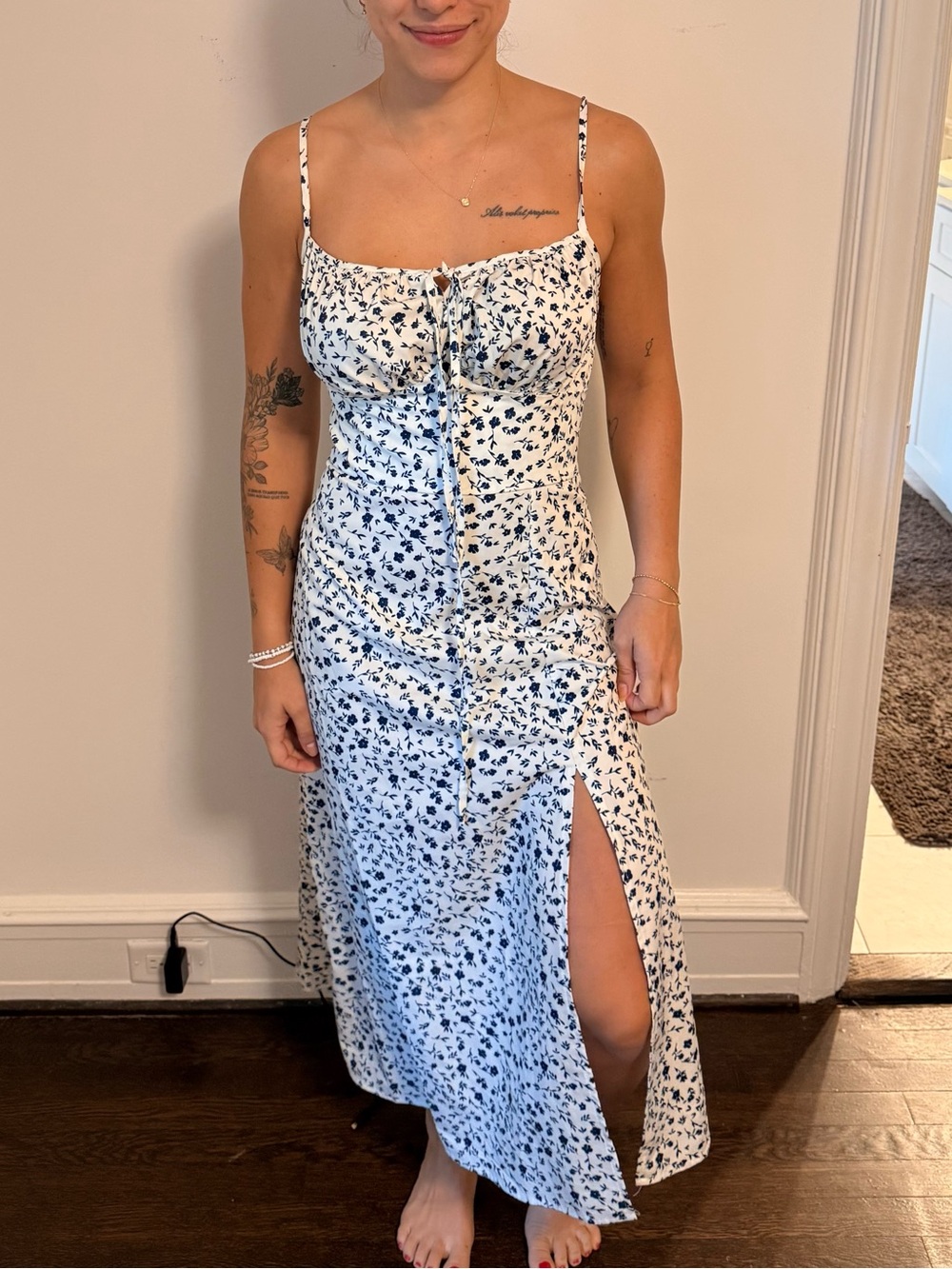 Floral Spaghetti Strap Maxi Dress in White & Navy